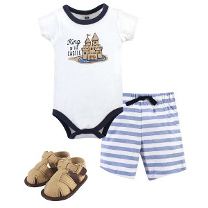 Hudson Baby Infant Boy Cotton Bodysuit, Shorts and Shoe 3pc Set, Sandcastle - 1 of 4