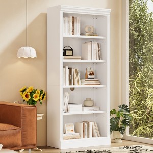 ORRD 83" Tall Wood Bookcase with LED Lights, 5-Tier Adjustable Shelves Storage for Living Room & Home Office, White Bookshelf - 1 of 4