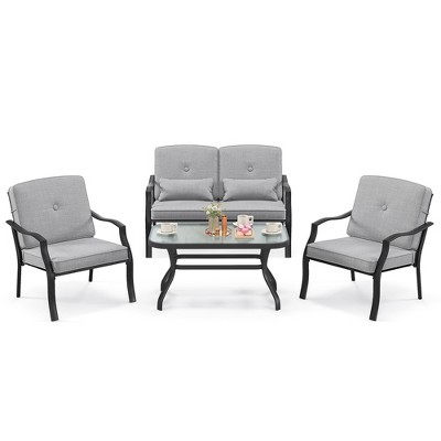 Tangkula 4PCS Furniture Set Outdoor Conversation Sofa w/ Tempered Glass Coffee Table Patio
