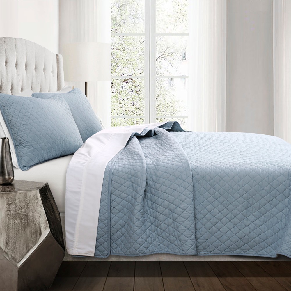 Photos - Duvet 3pc Full/Queen Ava Diamond Oversized Cotton Quilt Set Blue - Lush Décor