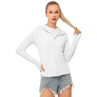Women's UPF 50+ Sun Protection Shirts SPF Jacket UV Hoodie with Pockets Long Sleeve Breathable Fabric Summer Clothing for Outdoor Hiking - White,XL