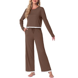 cheibear Women's Long Sleeve Crewneck Drawstring Elastic Waistband Lounge Sets with Pockets - 1 of 4