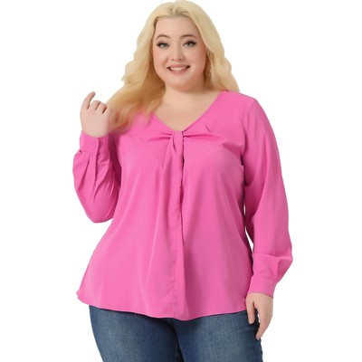 Agnes Orinda Women's Plus Size V Neck Long Sleeve Twist Knot Top Hot Pink 2X