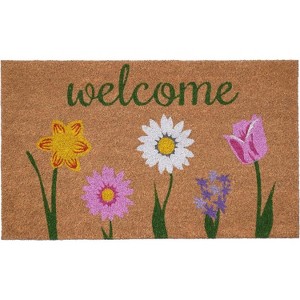 HomeRoots 17" X 29" Natural Pink and Green Coir Floral Welcome Outdoor Door Mat - 1 of 3