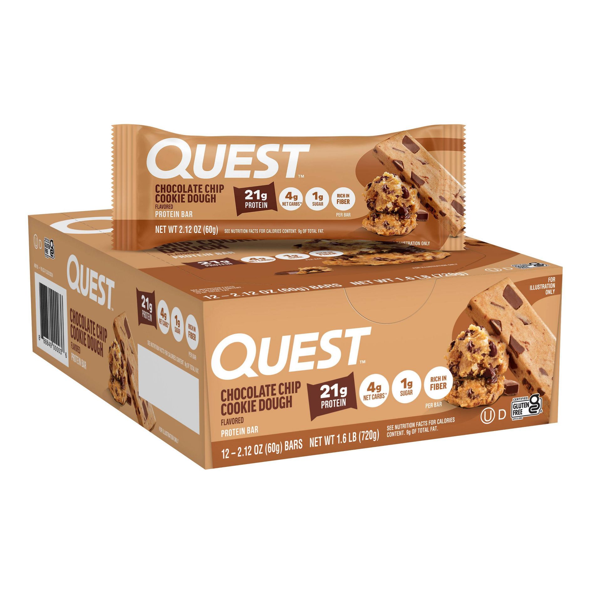 Quest Nutrition Gluten Free Chocolate Chip Cookie Dough Whey Protein Bars - 21g Protein - 12ct