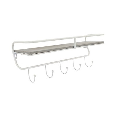 Sagebrook Home 5-Hook Wall Shelf - Contemporary Metal and Wood White and Gray 20" Shelf For Entryway or Home Decor