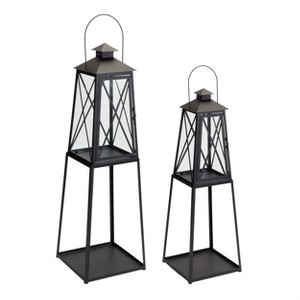Lantern Set of 2 – 33 and 41 Inch Height – Black Iron and Glass Decorative Lights By Melrose - 1 of 3