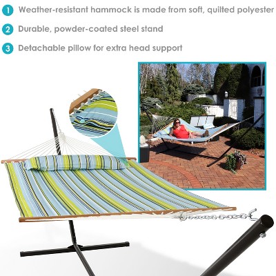 Blue and Green Quilted Double Hammock with Wood Spreader Bar and 15ft Steel Stand