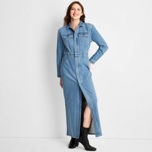 Denim Maxi Dungaree Dress in Denim