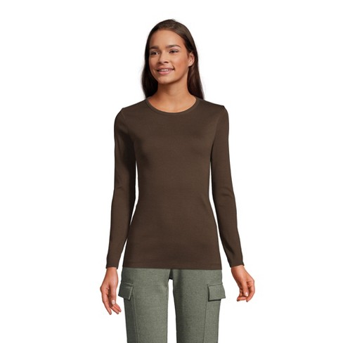 Lands' End Women's Tall Cotton Rib Long Sleeve Crewneck T-Shirt, Size: Tall Small, Brown