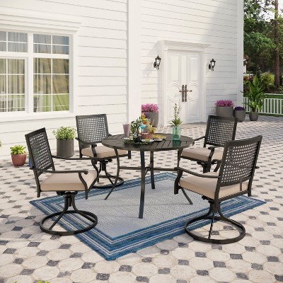 Captiva Designs 5pc Patio Dining Steel Set with Slat-top Round Table & Metal Chairs with Stylish Back