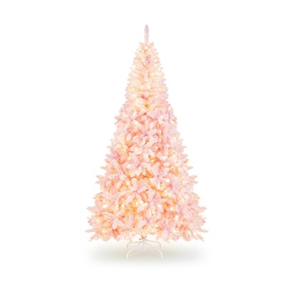 Tangkula 7.5FT Snow Flocked Pre-lit Christmas Tree, Artificial Snow Flocked Christmas Tree w/450 LED Lights for Festival & Party