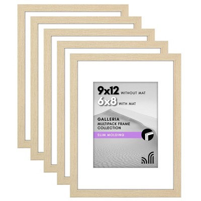 Americanflat 9x12 Picture Frame with Polished Plexiglass - Set of 5 - 6x8 with Mat or 9x12 Without Mat - Galleria - Picture Frames - Natural Oak