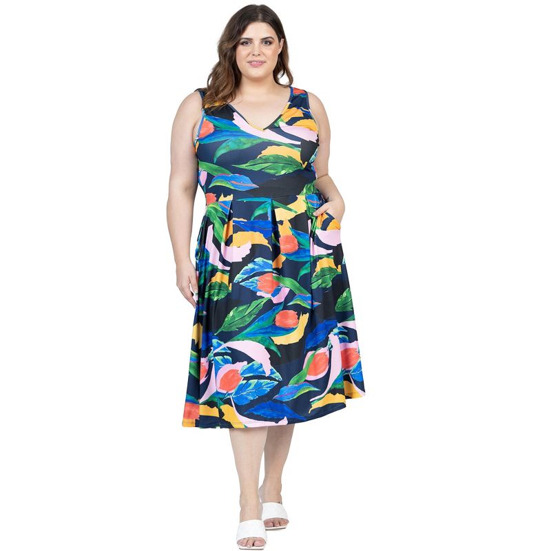 24seven Comfort Apparel Plus Size Midi Length Multicolor Sleeveless Pleated Pocket Dress, 4 of 7