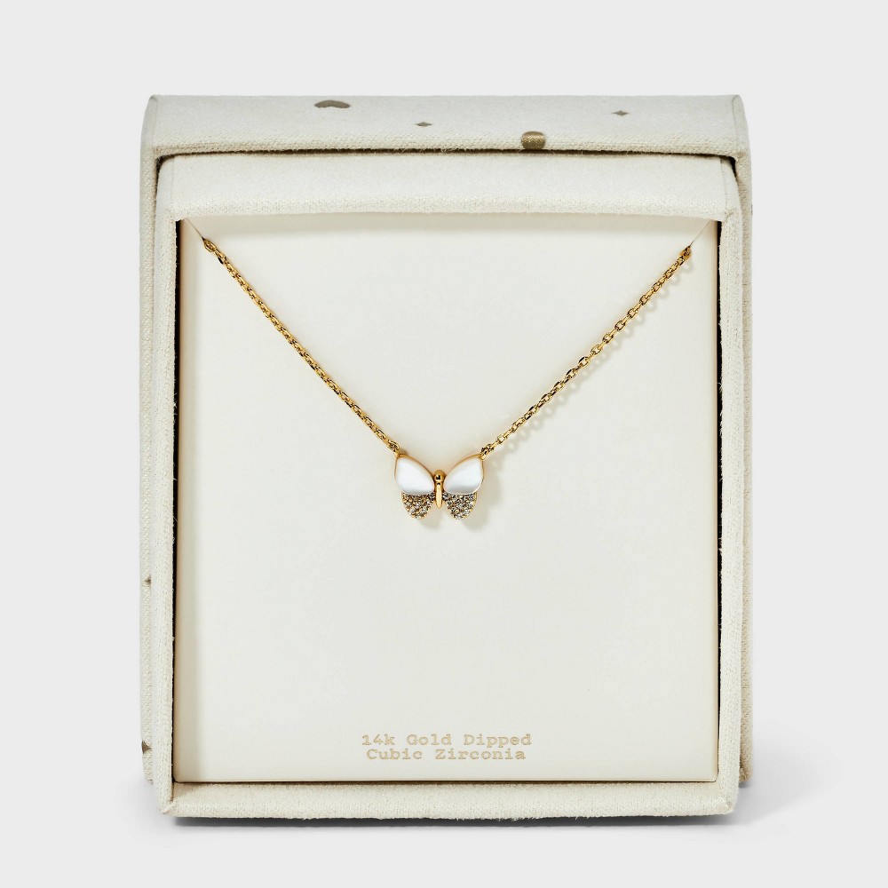 14K Gold Dipped Cubic Zirconia Mother of Pearl Butterfly Necklace - A New Day™ Gold