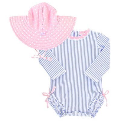 RuffleButts Seersucker Long Sleeve Rash Guard One Piece & Hat Set