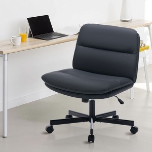 Armless Criss Cross Chair, Cross Legged Chair,  Wide Office Desk Chair with Wheels, Black Leather - 1 of 4
