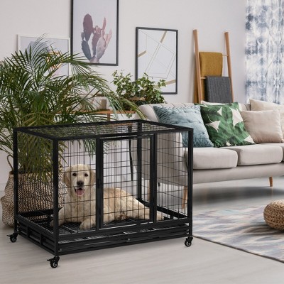 Heavy Duty Black Metal Rolling Dog Crate with Tray