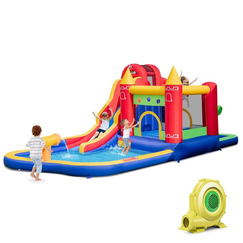 Costway 9-in-1 Inflatable Bounce Castle with Waterslide Splash Pool for 3+ without Blower/with 735W Blower, 1 of 11