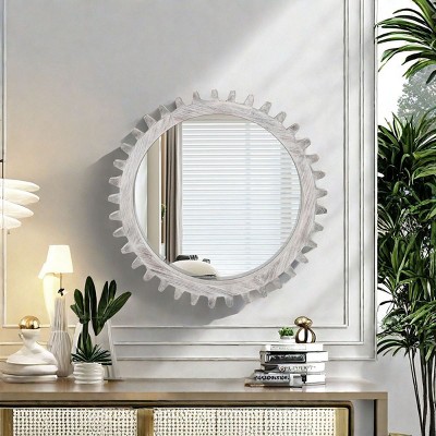 Unique Wall Mirrors,Decorative Circle Mirrors,Round Wood Framed Mirror,Gear Mirror For Bathroom Living Room Office Or Hallway-The Pop Home