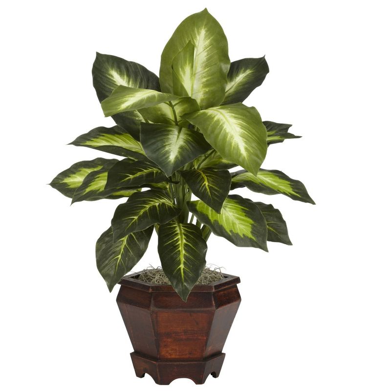 Nearly Natural 20.5-in Dieffenbachia w/Wood Vase Silk Plant (Set of 2), 5 of 7