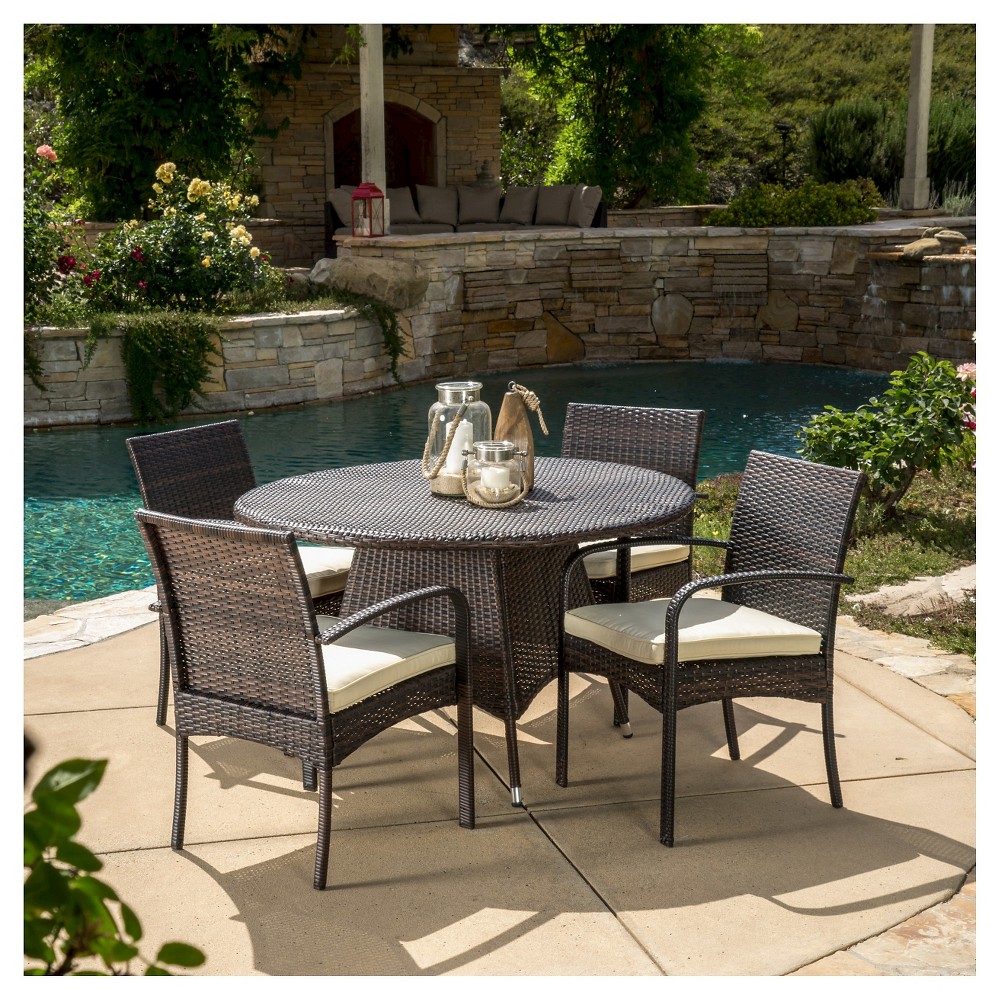 Photos - Garden Furniture Theodore 5pc Wicker Patio Dining Set with Cushion: All-Weather, Metal Fram