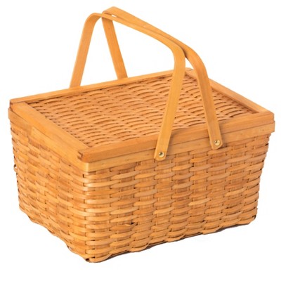 Large Natural Woodchip Picnic Basket with Movable Handles and Lid