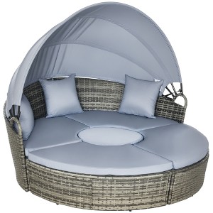 4 Piece Round Rattan Daybed, Convertible Patio Furniture Set, Adjustable Sun Canopy, Sectional Outdoor Sofa, 2 Chairs, Extending Tea Table - 1 of 4