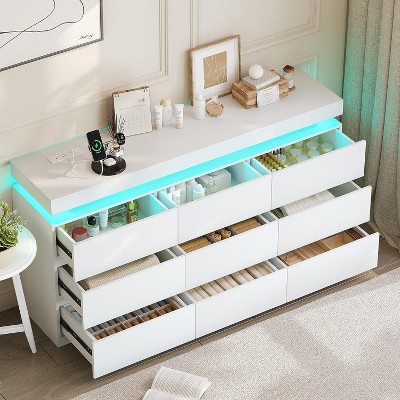 Dyoney 9-drawer vanity with power socket and LED lights, spacious storage cabinet, charging dock