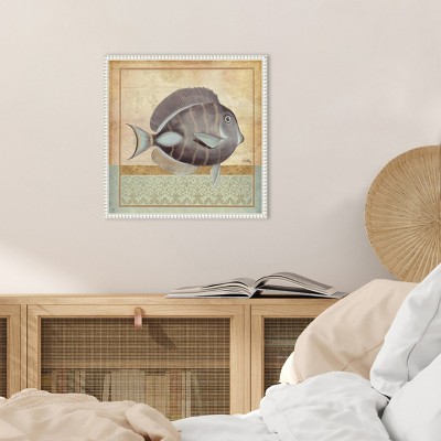 Vintage Fish II Coastal Canvas Wall Art with White Beaded Frame