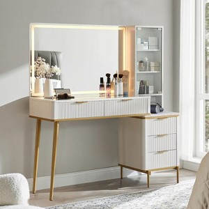 Fluted Makeup Vanity Tables with 36" HD Lighted Mirror, 48" Big Modern Vanity Desk with Glass Top & 5 Drawers & Shelves, Dressing Table - 1 of 4