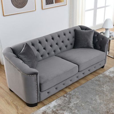 TiramisuBest 77" Modern 3-Seater Velvet Sofa, Tufted Backrests & Nailhead Trim with 2 Cushions for Living Room, Bedroom & Office - Grey