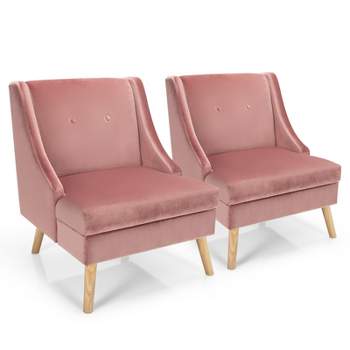Tangkula Set of 2 Pink Accent Chair Wood Legs Tufted Button Single Sofa Chair for Living Room&Bedroom