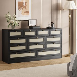 Coolmee Wood Dressers for with 12 Rattan Drawers, 61" Wide Chest of Drawers, Hallway, Wooden Closet Dressers, Modern TV Stand Dresser for 65 Inch TV - 1 of 4