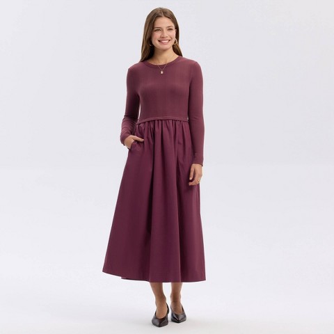 Женские платья A New Day Women's Long Sleeve Woven Knit Midi Sweater Dress - A New Day™ Dark Red S