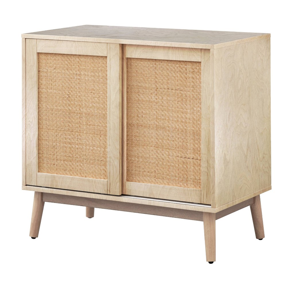 Buylateral Rosen Rattan Sliding Door Buffet Natural: Mid-Century Modern Sideboard, Adjustable Shelves