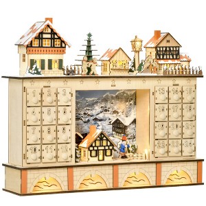 HOMCOM Christmas Advent Calendar, Light Up Table Xmas Wooden Store Holiday Decoration with Countdown Drawer, Village, for Kids and Adults, Natural - 1 of 4