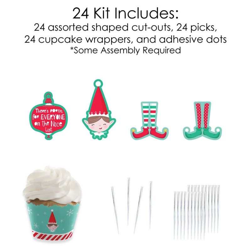 Big Dot of Happiness Elf Squad - Cupcake Decoration - Kids Elf Christmas and Birthday Party Cupcake Wrappers and Treat Picks Kit - Set of 24, 4 of 8
