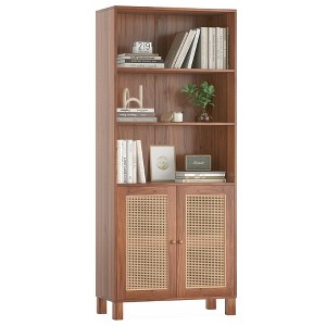 QingMoon Bookshelf with Rattan Doors, 5 Tier Wood Storage Bookcase with Freestanding Display Shelves for Library, Living Room and Home Office - 1 of 4