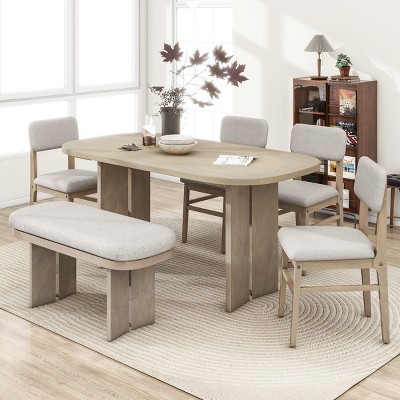 6-Piece Dining Set with Solid Wood Table, 4 Upholstered Chairs & Bench, Curved Legs, Padded Seats, Compact 2-Box Shipping-Cuddlewood