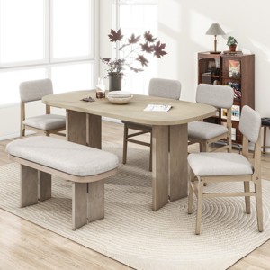 6-Piece Dining Set with Solid Wood Table, 4 Upholstered Chairs & Bench, Curved Legs, Padded Seats, Compact 2-Box Shipping-Cuddlewood - 1 of 4