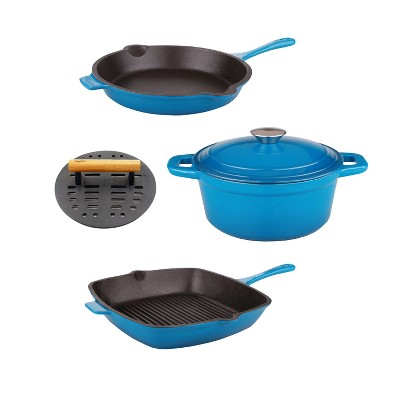 BergHOFF 2Pc Enameled Cast Iron 10 Fry Pan, 10 Grill Pan Set, Induction  Cooktop Ready, Oven Safe Up to 400°F, Blue