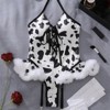 Clotth Women's 3 Piece Cow Teddy Lingerie Set - Lace Up Halter Bodysuit with Stockings, Babydoll with Cow Print, Black & White - 4 of 4