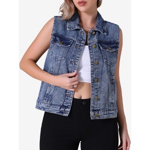 INSPIRE CHIC Women's Sleeveless Turndown Collar Button Down Chest Flap Pockets Washed Denim Vest - 1 of 4