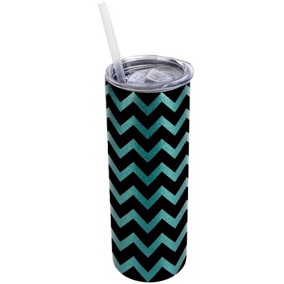 Elanze Designs Turquoise Blue 20 Ounce Double Wall Stainless Steel Glitter Travel Tumbler With Sliding Lid And Straw, Chevron
