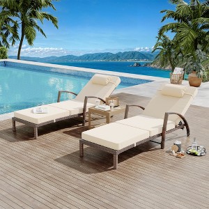 Outdoor Chaise Lounge Chairs Set of 2 - Adjustable 5-Position PE Rattan Wicker Lounge Chairs with Cushions and Wheels for Poolside Relaxation - 1 of 4