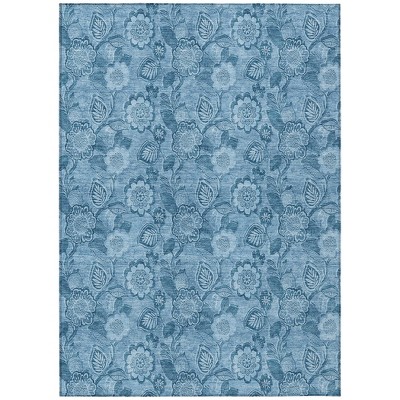 Blue And Denim Blue Floral Washable Indoor Outdoor Area Rug