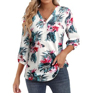 Nlife Women's Casual V Neck Floral Print 3/4 Length Sleeve Blouses Tropical Hawaiian Shirt Tops - 1 of 4