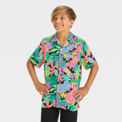 Boys' Short Sleeve Palm Tree Printed Button-Down Shirt - Cat & Jack Black XS