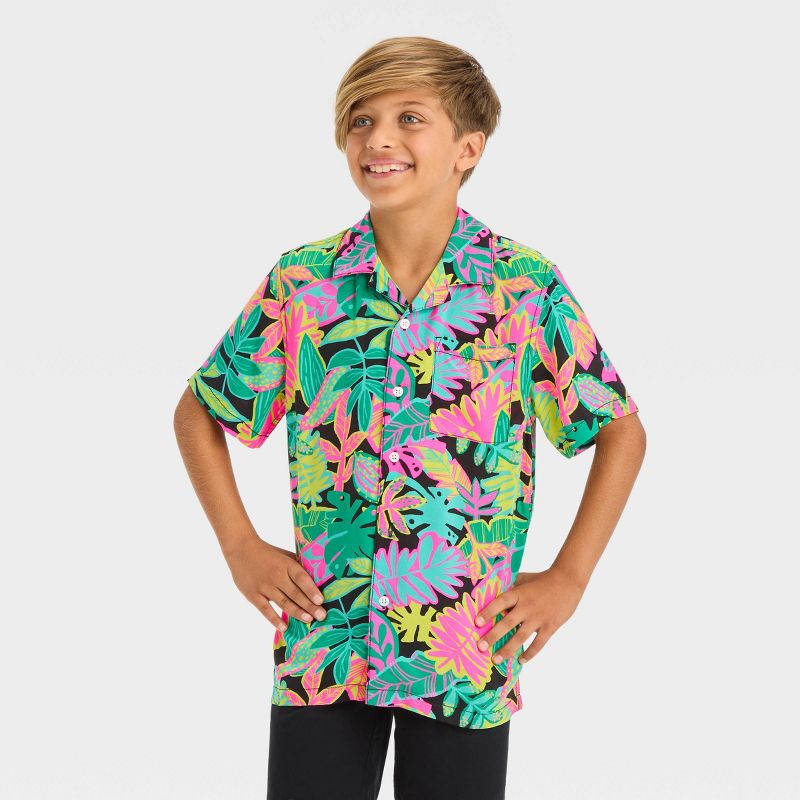 Boys' Short Sleeve Palm Tree Printed Button-Down Shirt - Cat & Jack™ Black, 1 of 8